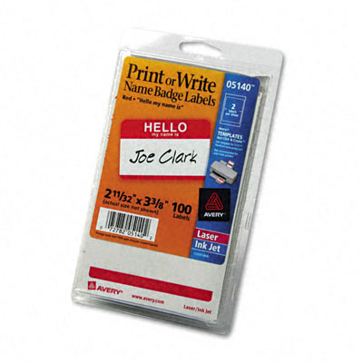Avery 5140 SelfAdhesive Name Badges Hello 2 1/4 x 3 Red 100 Per Pack