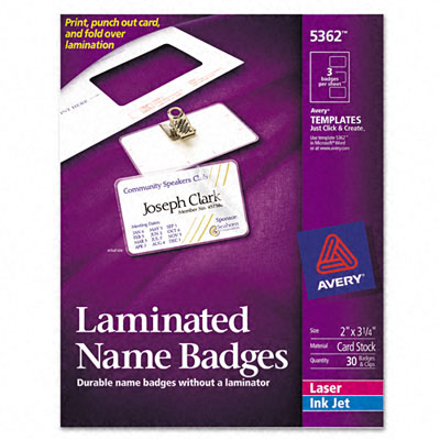 Avery 5362 Self-Laminating Laser/Inkjet Badges 2 x 3 1/4 30 Badges And Clips Per Box