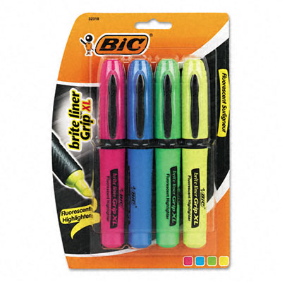 Bic BLMGP41ASST Brite Liner Grip XL Highlighter Chisel Tp Fluorescent BE GN PK YW 4/set