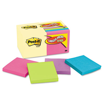 654144b Note Bonus Pack Pads 3 X 3 Canary Yellow/ast. 100-sheet 18 Pack