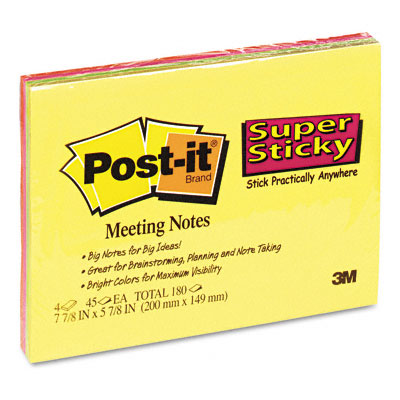 6845ssp Super Sticky Large Format Notes 8x6 Four Colors Four 45-sheet Pads/pk