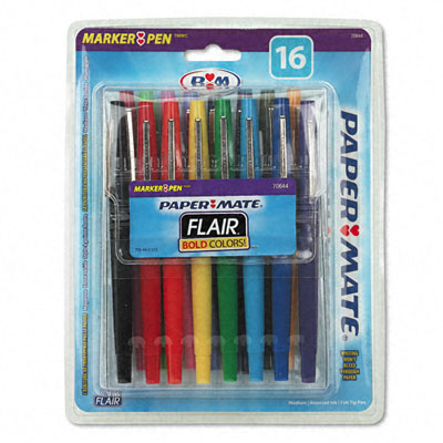 Papermate 70644 Flair Felt Tip Marker Pen 16 Assorted Brl/Ink Colors Med 16/pk