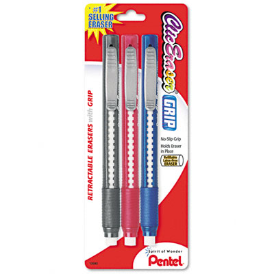 Pentel ZE21BP3K6 Clic Eraser Pencil-Style Grip Eraser Assorted Three Per Pack