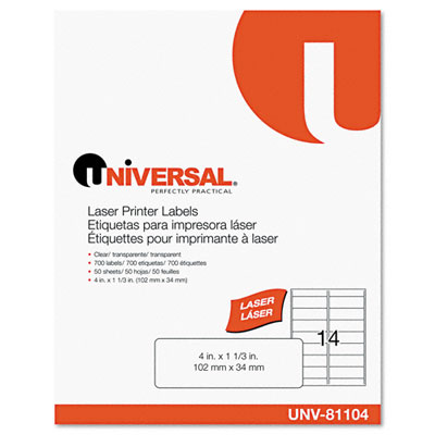 Universal 81104 Laser Printer Permanent Labels 4 x 11/3 Clear 700 per Pack