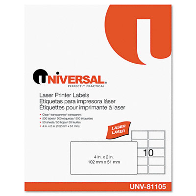 Universal 81105 Laser Printer Permanent Labels 2 x 4 Clear 500 per Pack