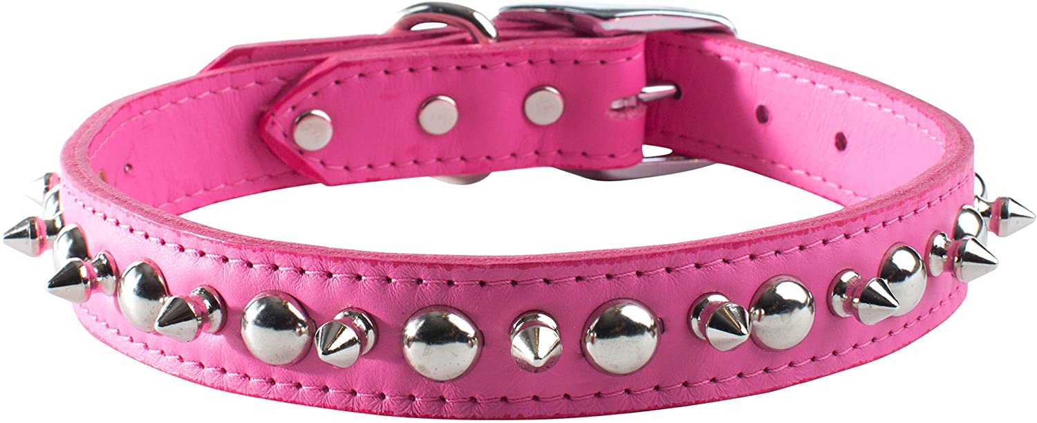 . 6079-pk12 Pink Signature Leather Spike And Stud Dog Collar -size 12