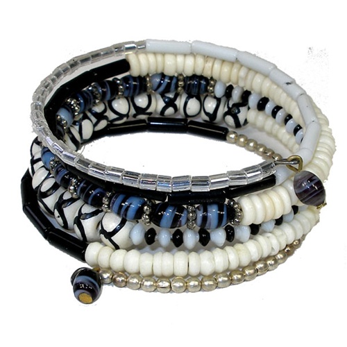 Global Crafts IJB002212001 Five Turn Bead and Bone Bracelet Black White