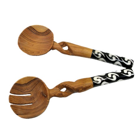 Global Crafts KWF009T Olive Wood Salad Serving Set - Twisted Handles 11 inch