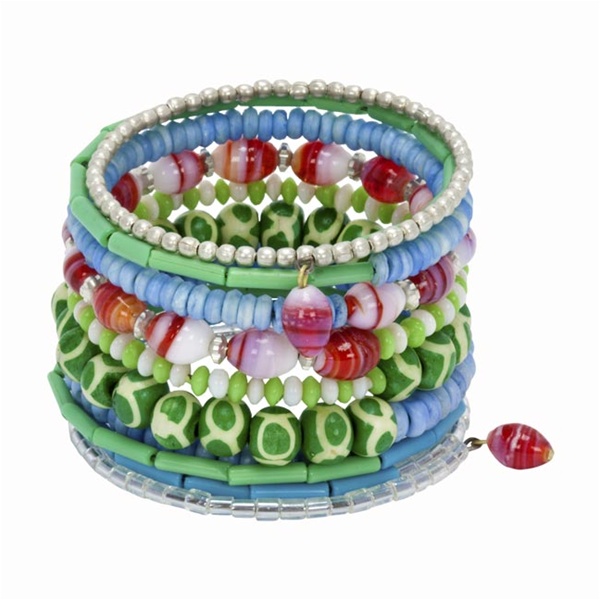 Global Crafts IJB0012 Ten Turn Bead and Bone Bracelet Greens Blues