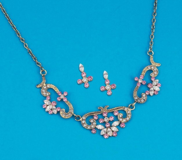 Peter Alan 4483 Gold Necklace And Earrings Set With White And Pink Rhinestones