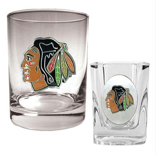 Great American Products Chicago Blackhawks NHL Rocks Glass Square Shot Glass Set Primary Logo
