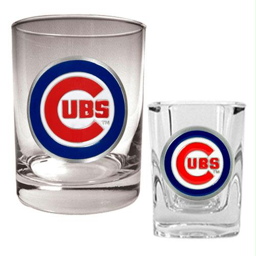 Great American Products Chicago Cubs MLB Rocks Glass and Square Shot Glass Set - Primary Logo