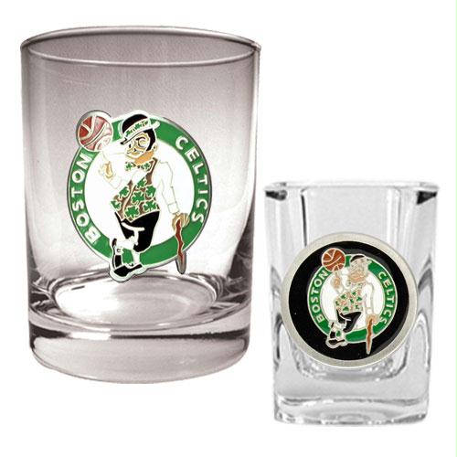 Great American Products Boston Celtics NBA Rocks Glass and Square Shot Glass Set - Primary Logo