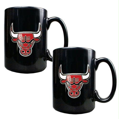 Great American Products Chicago Bulls NBA 2pc Black Ceramic Mug Set Primary Logo