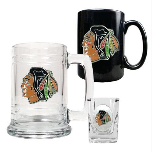 Great American Products Chicago Blackhawks NHL 15oz Tankard 15oz Ceramic Mug 2oz Shot Glass Set Primary Logo
