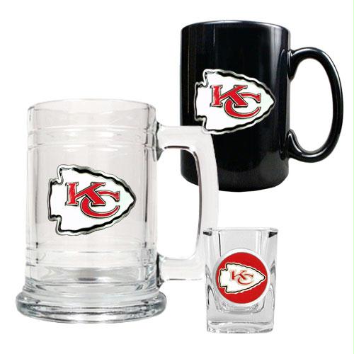 Great American Products Kansas City Chiefs NFL 15oz Tankard 15oz Ceramic Mug 2oz Shot Glass Set Primary Logo
