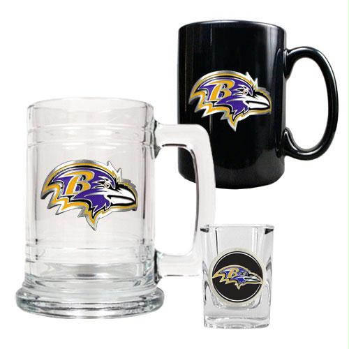 Great American Products Baltimore Ravens NFL 15oz Tankard 15oz Ceramic Mug 2oz Shot Glass Set Primary Logo