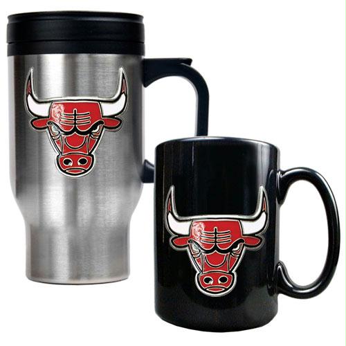 Great American Products Chicago Bulls NBA Stainless Steel Travel Mug Black Ceramic Mug Set Primary Logo