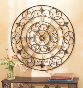 CBK 21162 Round Shape Scroll Accent Wall Clock with Roman Numerals - Black Gold by CBK
