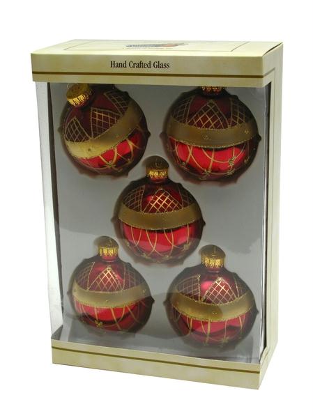 Glass Ball Ornament 5pc Set Burgundy With Diamond/net Design