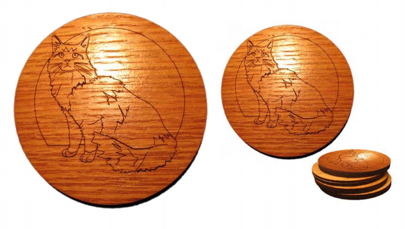 CAMIC Designs CAT004C4T Laser-Etched Maine Coon Cat Set of 4 Coasters and Matching Trivet