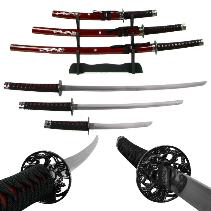 Deluxe Red Dragon Katana Samurai Sword Set of 3 with stand