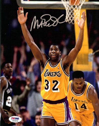 All About Autographs AAA-76138 Magic Johnson Los Angeles Lakers NBA Hand Signed 8x10 Photo Arms Up