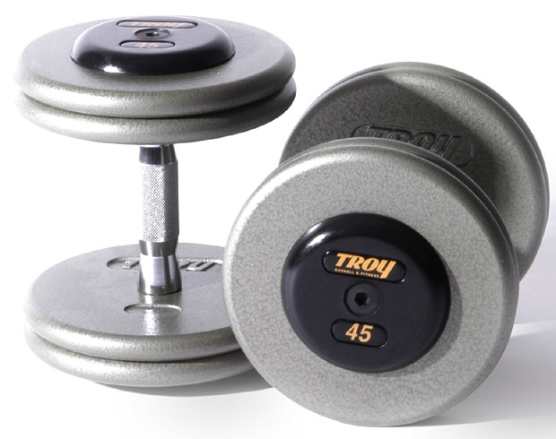 Troy Barbell HFD-005-050R Pro-Style Dumbbells Set - Gray Plates And Rubber End Caps - One Pair Each 5-50 Pounds