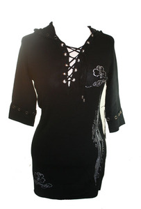 Christian Audigier Ed Hardy Knit Lucky Four Leaf Clover Hoodie Dress- Black- EHW219- Size small