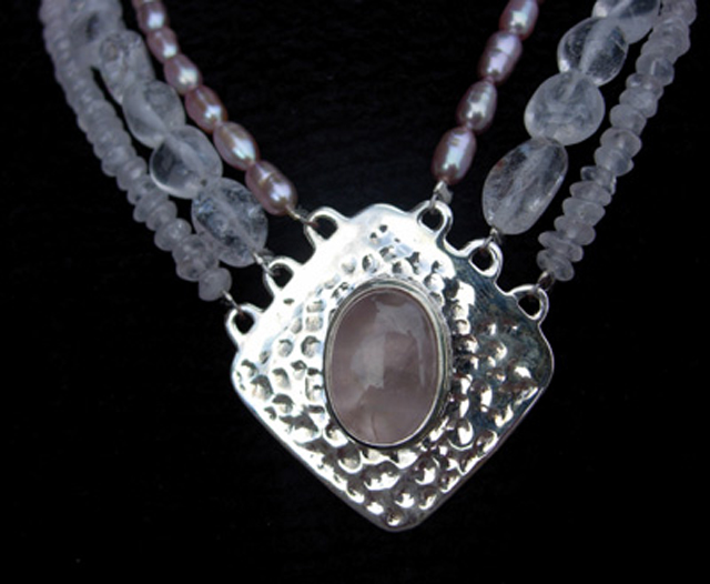 Anna Bloom Designs PM-N Pink Moon - Rose Quartz- Freshwater Pearl- Moonstone- and Hammered Sterling Silver - Limited Edition Necklace