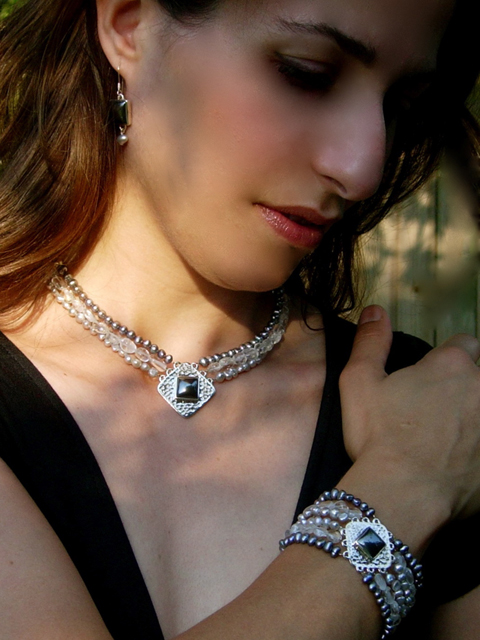 Anna Bloom Designs Zn-B Zena - Hematite- Freshwater Pearl- Moonstone- and Sterling Silver - Limited Edition Bracelet