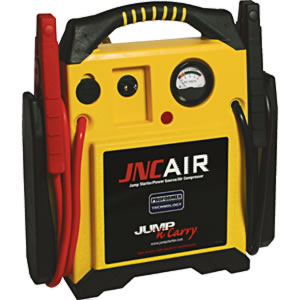 1700 peak amp 12 volt jump starter with onboard air compressorthe jncair takes multi-function professional jump starting to a whole new level. features our exclusive clore proformer battery technology designed to deliver high peak amps extended cranking power numerous jumps per charge and a long service life. plus with automatic charging from a built-in charger extra long cables and integrated air delivery system the jncair is as convenient as it is powerful.1700 peak ampsclore proformer battery technologyextra-long 68" cablesindustrial grade "hot jaw" clampsbuilt-in chargerautomatic charging12 ft. coiled air hose with screw-on chuckbattery status indicator gaugedc outlet to power 12 volt accessories1 year limited warranty