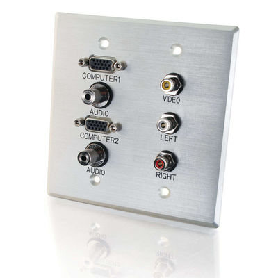40508 Double Gang 2 HD15 VGA + 2 3.5mm + Composite Video + Stereo Audio Wall Plate - Brushed Aluminum