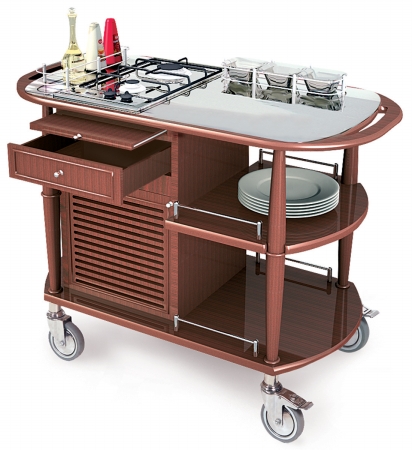 Geneva Signature 70365 Wood veneer flambe cart with propane burner cooktops