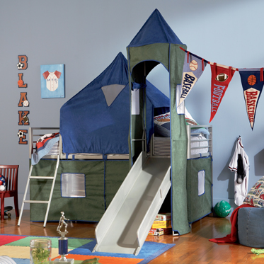 Powell 938-069 Youth Beds-Bunks Boys Blue and Green Twin Tent Bunk Bed with Slide- Silver with Blue and Green tent