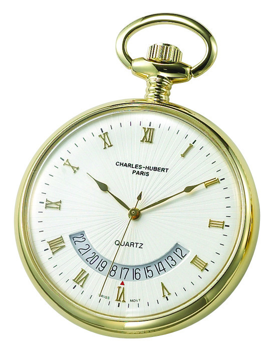 Charles-hubert- Paris Brass Gold-plated Quartz Open Face Pocket Watch #