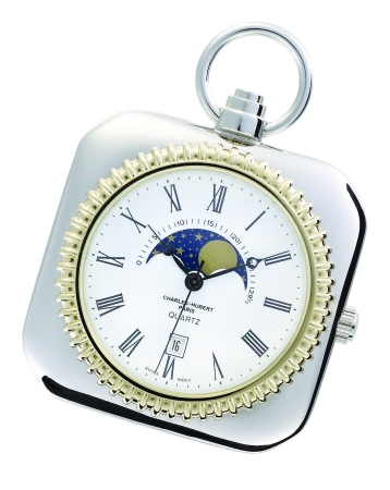 Charles-Hubert- Paris Brass Moon Phase Quartz Open Face Pocket Watch #3677