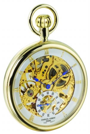 Charles-hubert- Paris Stainless Steel Gold-plated Mechanical Open Face Pocket Watch #3566