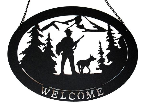 Large Metal Welcome Hunter With Dog Sign