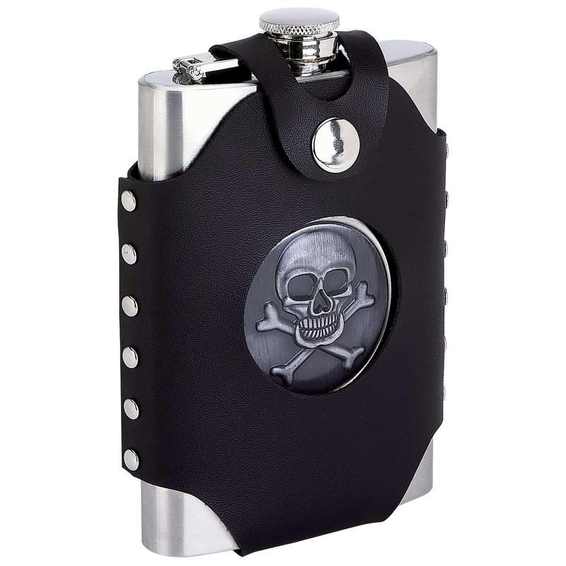 Ktflsksw 8oz Stainless Steel Flask With Skull Emblem And Black Wrap