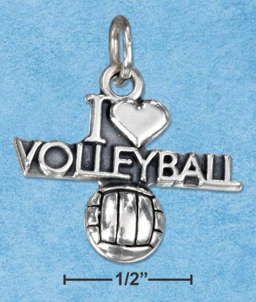 Sterling Silver Antiqued I Heart Volleyball Charm with A Volleyball
