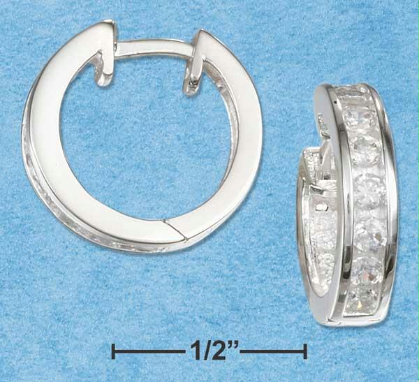 Sterling Silver Channel Set Round Cz Hinged Hoop Earrings