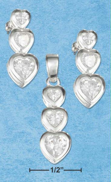 Sterling Silver Triple Graduated Drop Earrings Pendant Set with Heart Clear Czapos;s