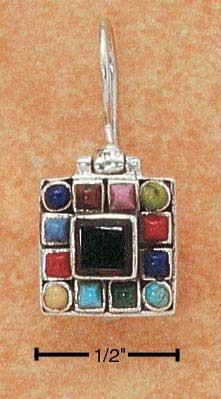 Sterling Silver Square Onyx Earrings with Multi Color Border On Hinged French Wire S