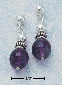 Sterling Silver Faceted Amethyst Drop Post Earrings with Silver  Bali Beads