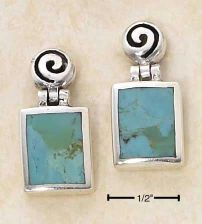 Sterling Silver Rectangular Turquoise Earrings On Hinge with Spiral Post