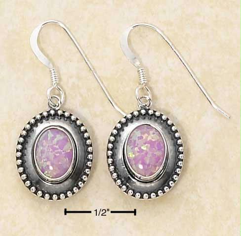 Sterling Silver Oval Synthetic Pink Opal Dot Border Concho Dangle Fw Earrings
