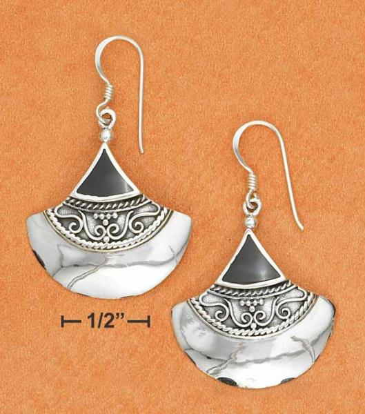 Sterling Silver Fanned Bali with Triangle Onyx Inlay French Wire Earrings