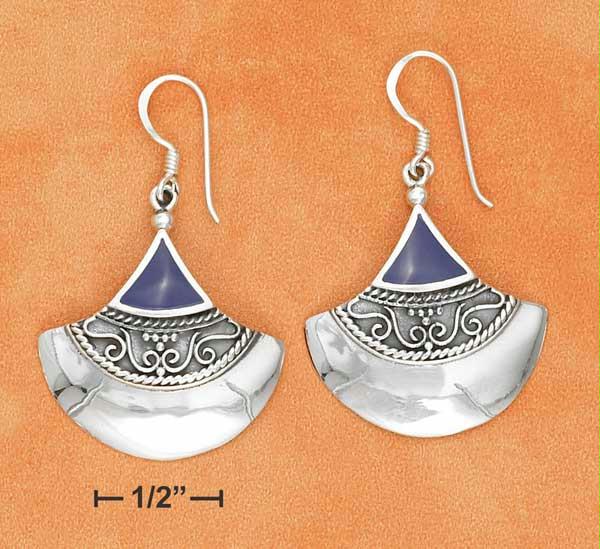 Sterling Silver Fanned Bali with Triangle Lapis Inlay French Wire Earrings