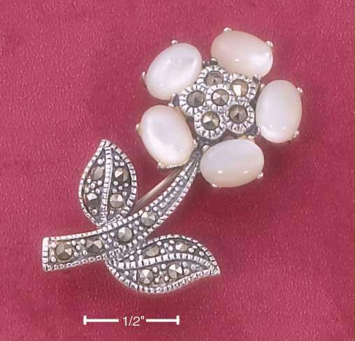 Sterling Silver Mother Of Pearl Marcasite Flower Pin